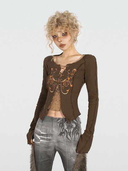 Vintage Top Patch Knit Front Coffee with Crossover Butterfly Off-Shoulder Lace-Up