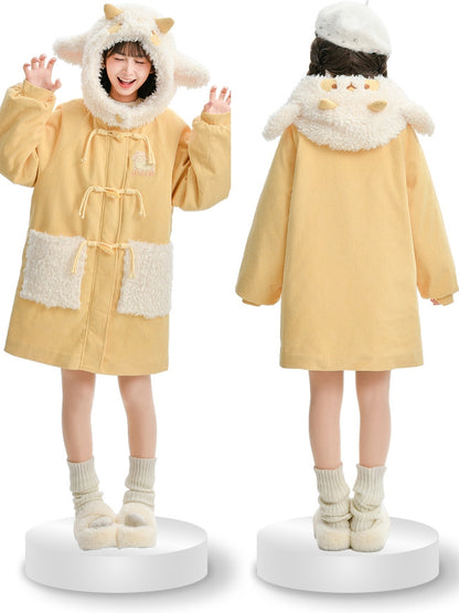 Milk Yellow Cute Lamb Hood Hooded Corduroy Duffle Coat