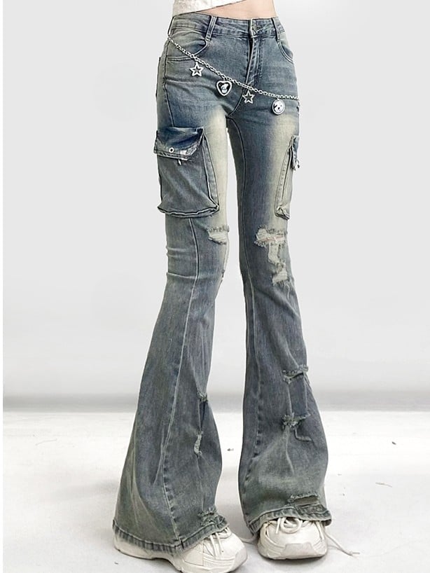 Faded Glamorous Holes Design Wash Bittersweet Silhouette Jeans Distressed Blue Flare