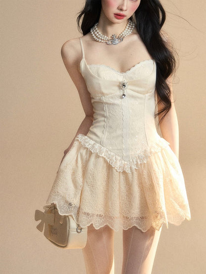 Spaghetti Strap Dress Apricot Sweetheart Neckline Basque Waist Puffy