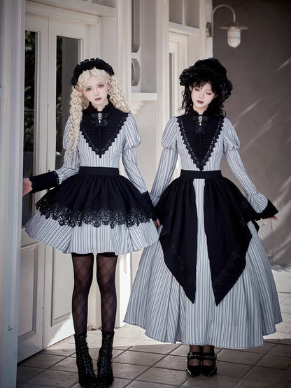 Light Gray Striped Pattern Nun Juliette Sleeves Banded Collar Gothic Lolita Dress Short Version