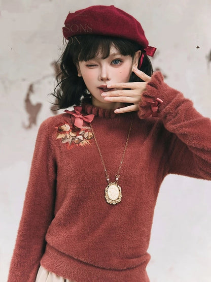 Leaf Embroidery Maple on Red Autumn Top Bowknot Brick Cuffs Knit Neckline