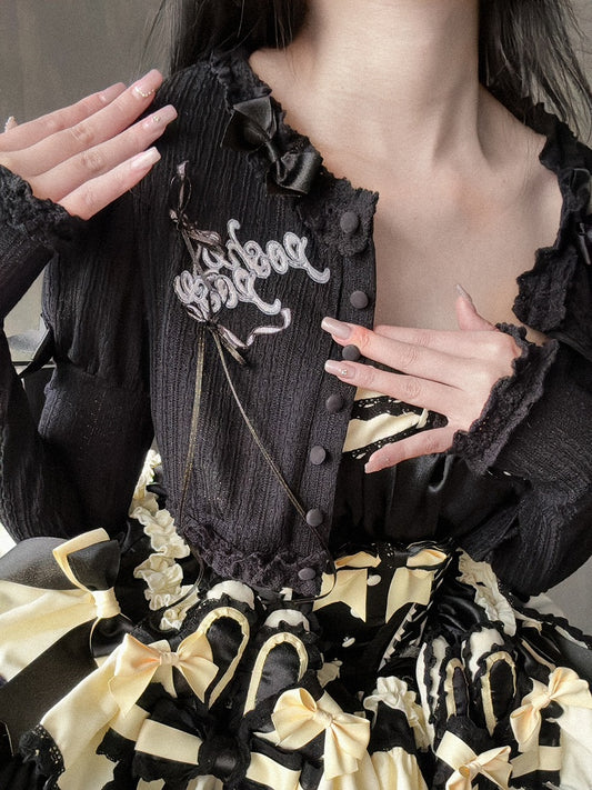 Black Embroidery Detail Long Sleeves Knitted Top