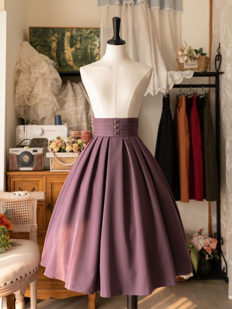 Dusty Purple High Waist Pleated Hem Lolita Skirt Lace-up and Shirring Back