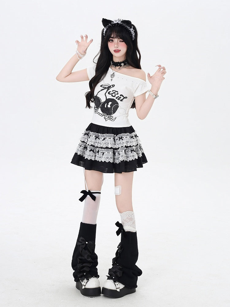 Heart Black/White T-Shirt Asymmetrical Neckline Cherry Print Studded