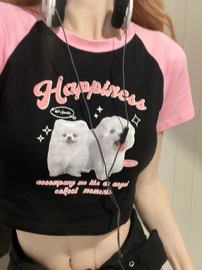 Black Pink Cute Puppy Print Cropped Top