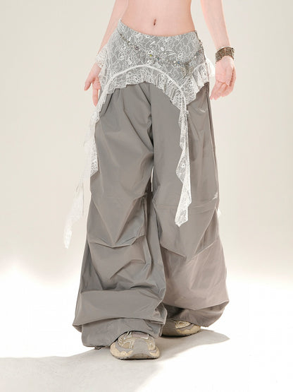 Gray/Black Low Light Rise Wide-Leg Pants with Waist Lace Accessory
