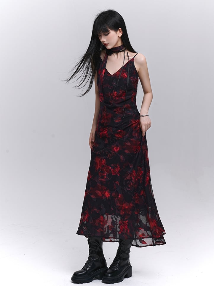 Floral Length Red and Black V-Neck Ankle Slip Dress
