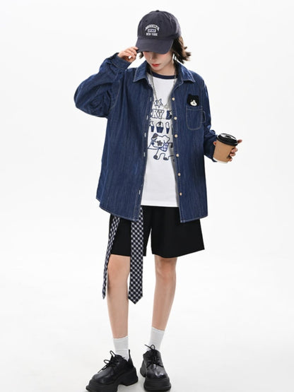 Kitty Dark Blue Faded Wash Denim Shirt Cute Embroidery
