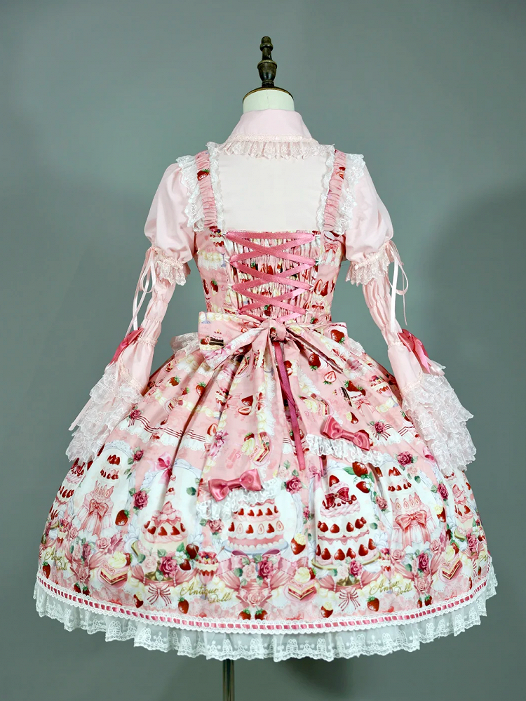 Full Print / Pink Set and JSK Lolita Desserts Sweet Strawberry Bow Accents