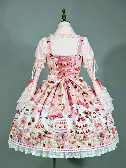 Full Print / Pink Set and JSK Lolita Desserts Sweet Strawberry Bow Accents