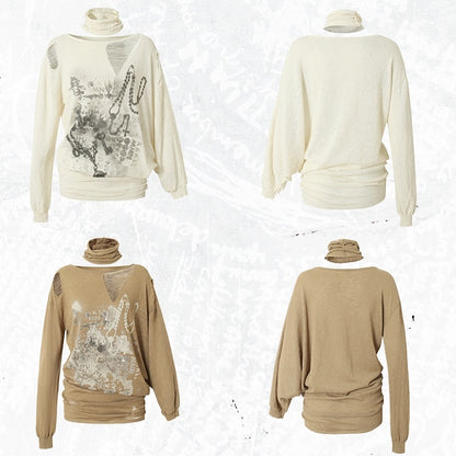Distressed Beige/Khaki Top Neckline Punk Asymmetrical Sun Protection Wasteland Holes