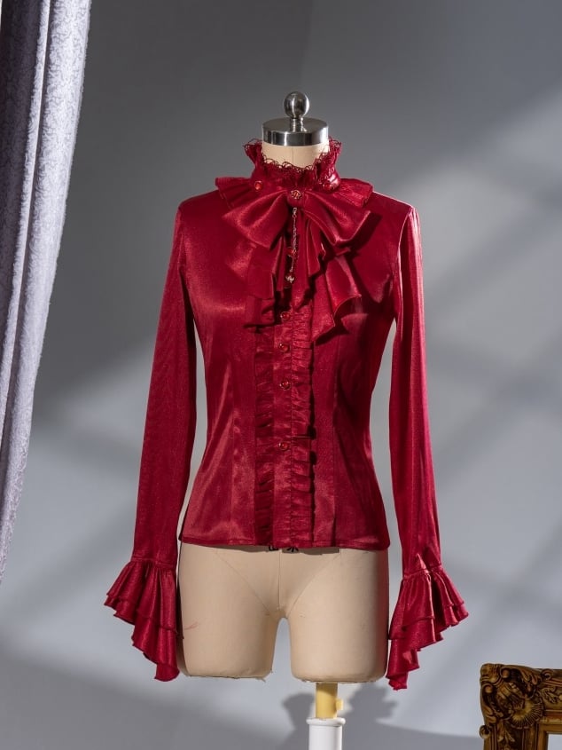 Red Ruffled High Neck Ouji Lolita Long Sleeves Shirt with Jabot Tie