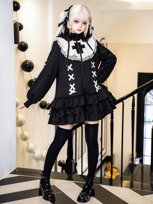 Layered Neck Jirai Cross High Black Jersey Embroidery Hem Kei-inspired Dress Ruffle