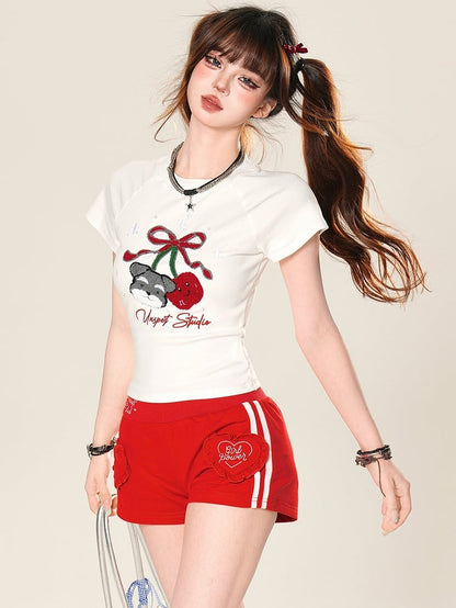 Plush T-shirt Puppy And Cherry White/Black Glamorous Applique