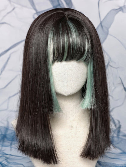 Y2K Black Mint Green Highlight Straight Hime Cut Synthetic Wig