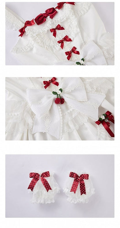 White Strawberry Princess Layered Ruffle Dress Sweet Lolita Jumper Skirt with Detachable Puff Sleeves