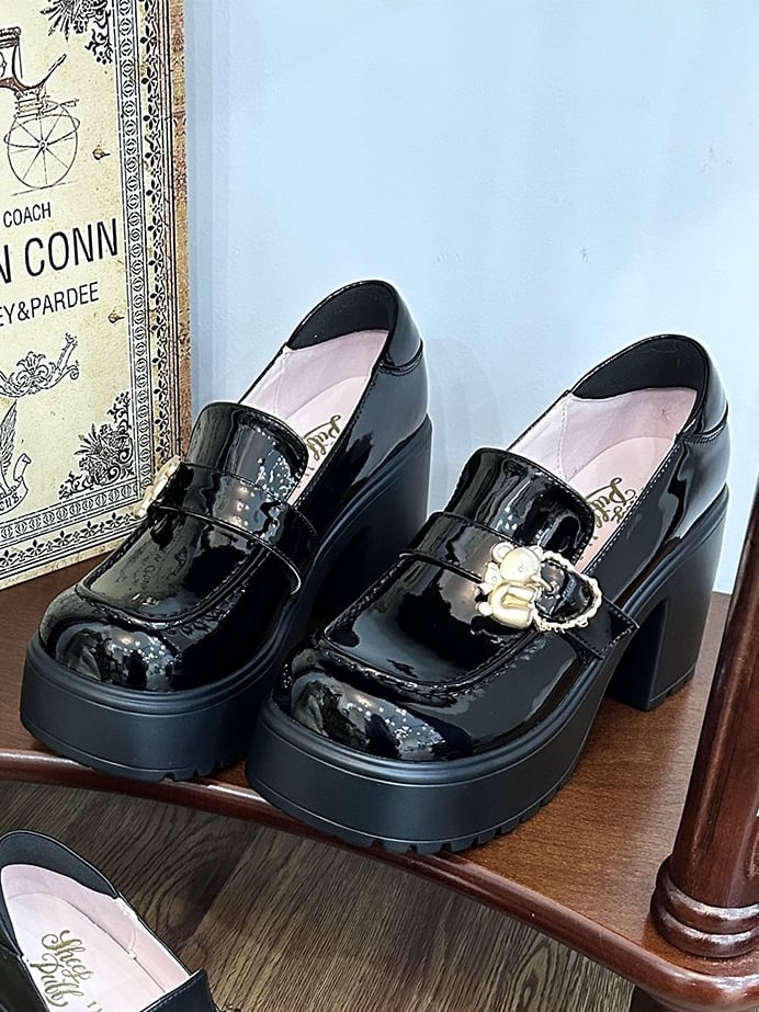 Polished Block Buckles High Bear Platform Slipons Black Heels Hugging Heart