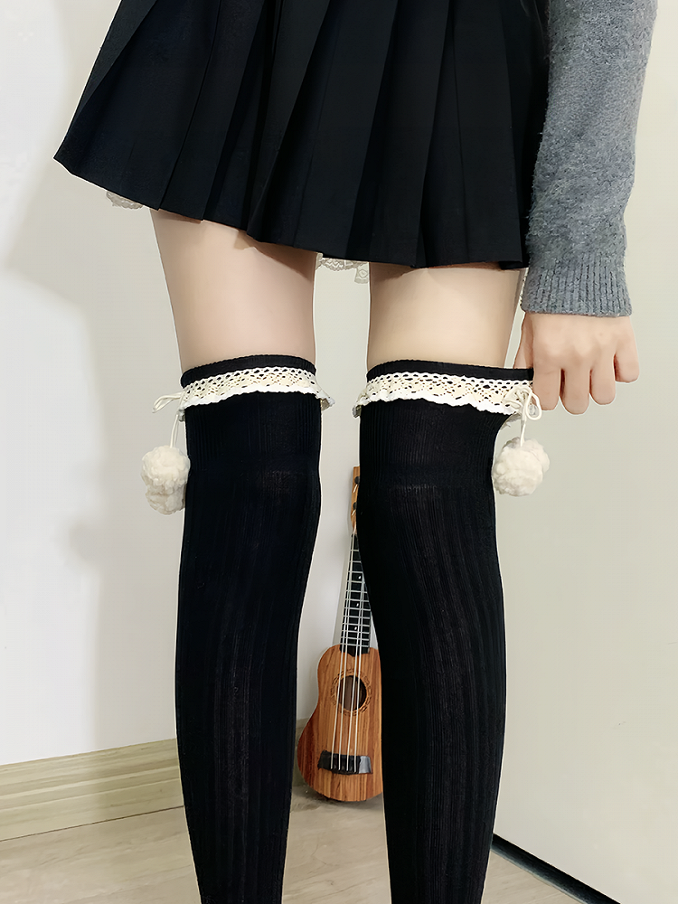 Apricot Sweet Ruffled Cuff Overknee Stockings With Pompons