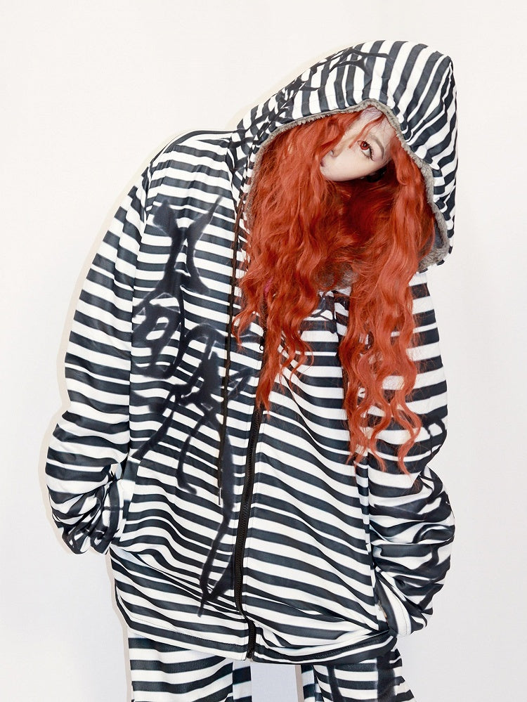 Hoodie Oversized Gyaru BlackWhite Pattern Fashion Zip Striped Closure