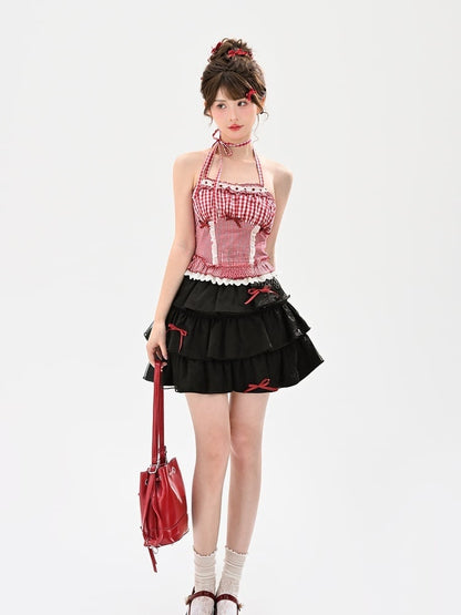 Summer Lace Trim Red  White Plaid Halter Neck Top Holiday