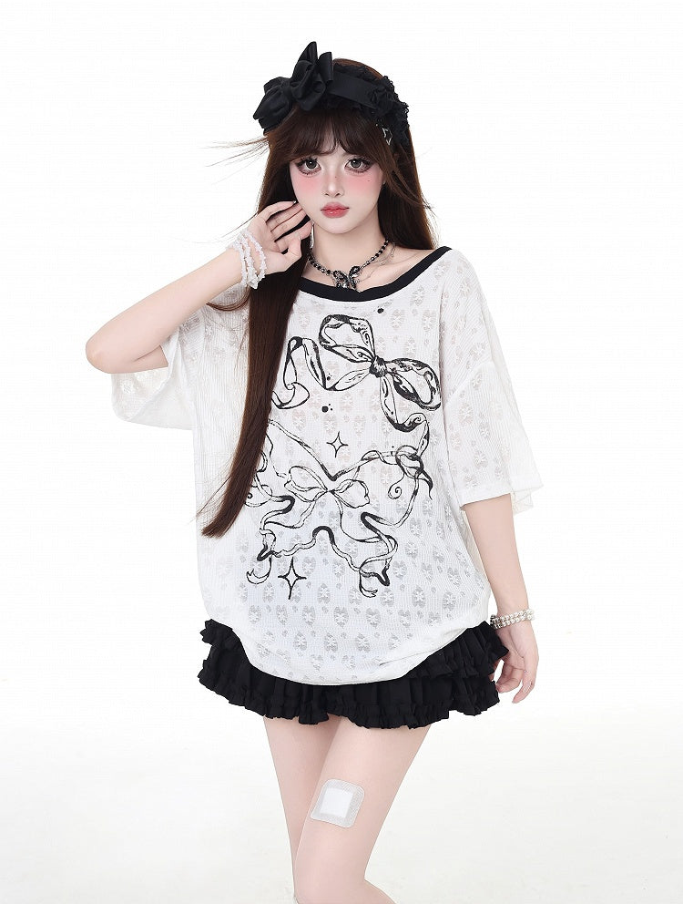Back Bowknot Print Big Backless T-Shirt Bow White Semi-sheer