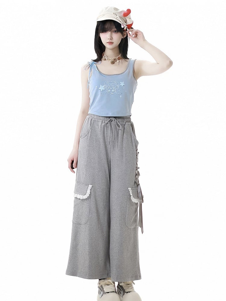 Gray Drawstring Waist Lace-up Details Side Wide-Leg Pants