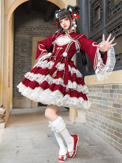 Red New Year Lolita Outfit Bows Waist Tiered Hem Lolita Bolero