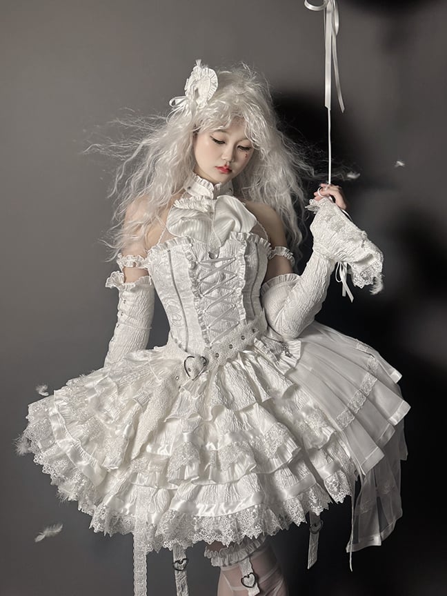 Set Halter Lolita Neck Sleeveless Gothic Skirt Tiered Full + Shiro White Top