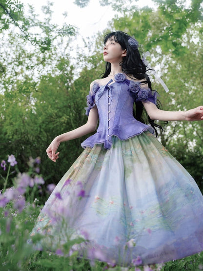 Boned Corset Top with Detachable Floral Adornments Purple Flounce Hem