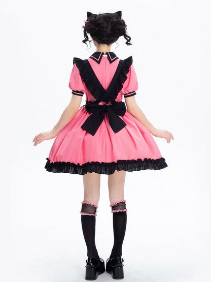 + and Black Sleeves Puff Maid Short Apron Dress Lolita Pink Kitty