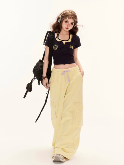 Yellow Drawstring Waist Wide-Leg Cargo Pants