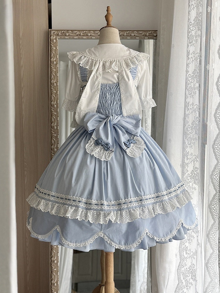 Lolita Old Edge Blue Jumper Dress Skirt School Trim Scalloped Hem