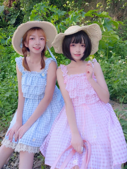 Pink Cottagecore Gingham Sundress Daisy Lace Trim Plaid Lolita Jumper Skirt