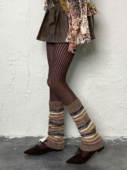 Brown Y2K Striped Pattern Knitted Leg Warmers