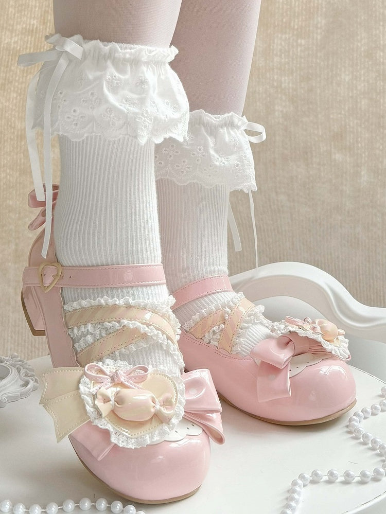 Schleifen Akzente Pink Jane PU Licht Mary Süße Schuhe mit