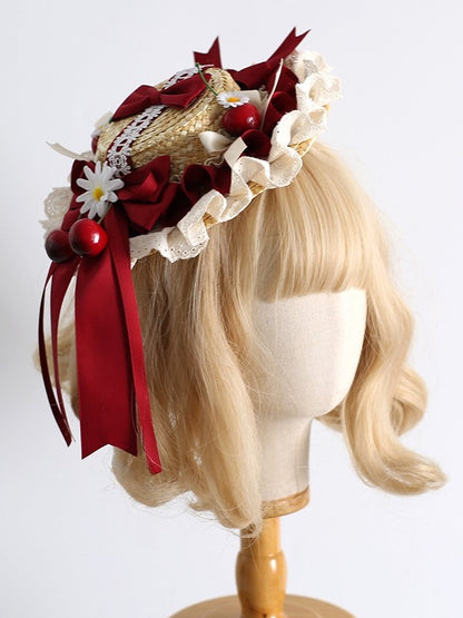 Süße Daisy verziert Bowknot Mini Hut Kirsche Clips und Lolita Details Beigerot mit