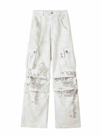 Punk White Streetwear Wide Leg Cargo Jeans