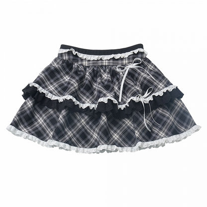 Ruffled Lace Trim Bowknot Details Tiered Skirt Black Plaid