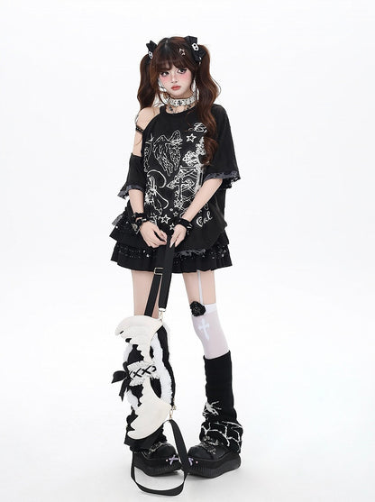 Black/Beige Cutout Shoulder Graffiti Bittersweet T-Shirt Angel Lucky