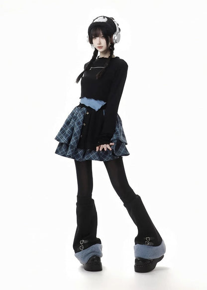 Blue&Black Plush Trim Leg Warmers with Buckle