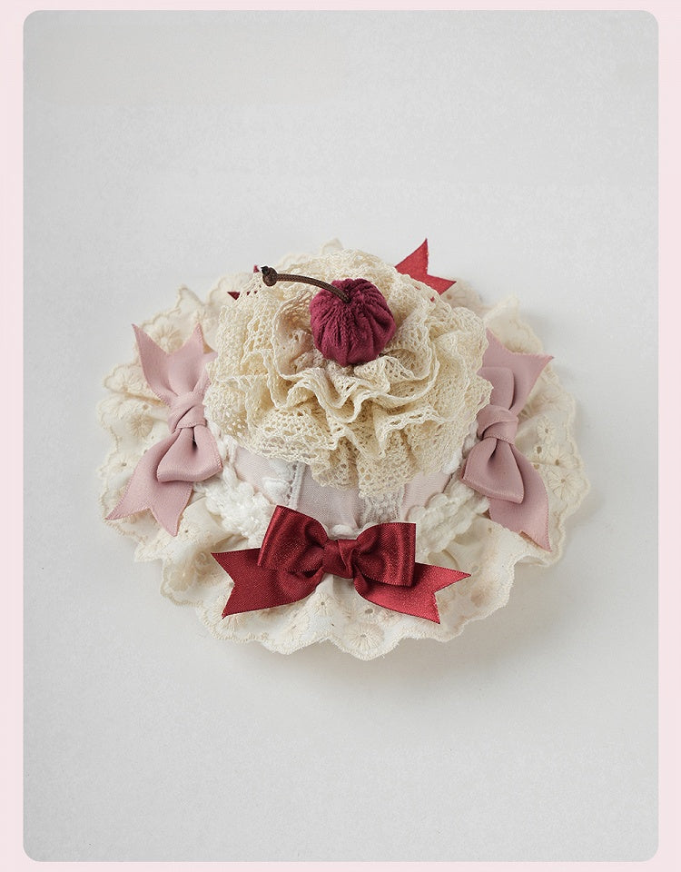 Sweet Lolita Pink Bows Cherry Cake Layered Lace Trim Mini Hat