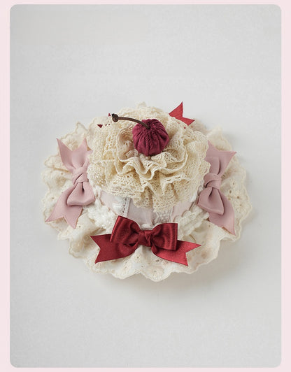 Sweet Lolita Pink Bows Cherry Cake Layered Lace Trim Mini Hat