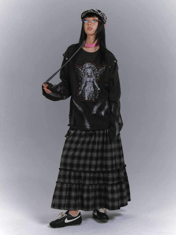 Distressed Sweatshirt Design Black Cutout Shoulder Faded Wash Applique