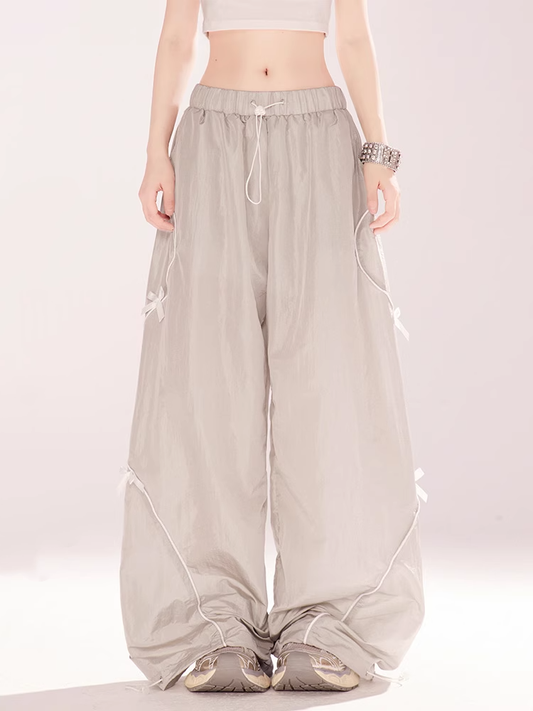 Gray Drawstring Waist and Cuffs Bowknot Wide-leg Casual Pants Details