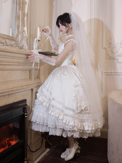 Rosette White Elegant Wedding Hanayome Lolita Jumper Skirt + Underskirt