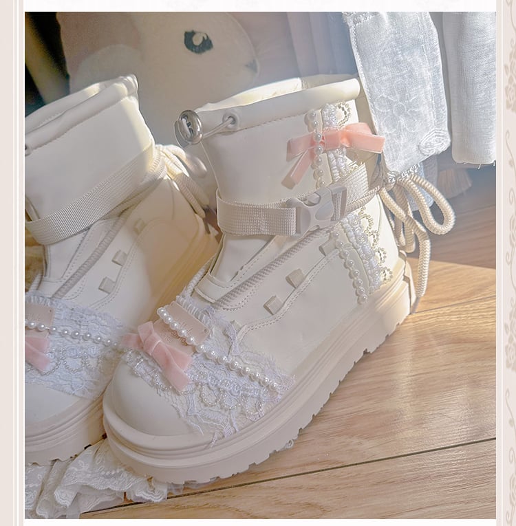 Beige Bow at Top Lace Beaded Chain Ankle Boots