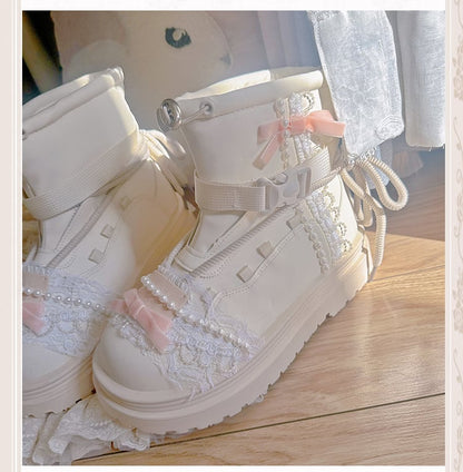 Beige Bow at Top Lace Beaded Chain Ankle Boots