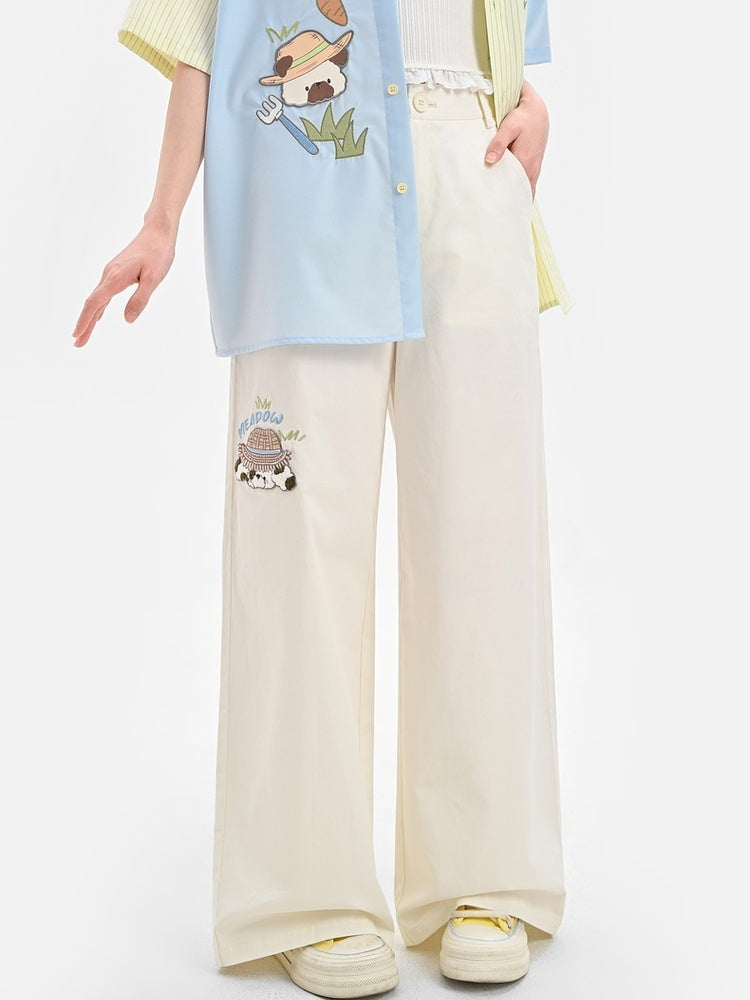 Waist Cartoon Animal Embroidery Regular/Long Wide-Leg Pants Beige High Version