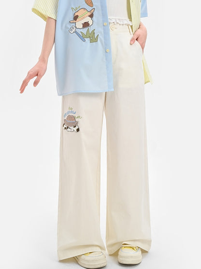 Waist Cartoon Animal Embroidery Regular/Long Wide-Leg Pants Beige High Version